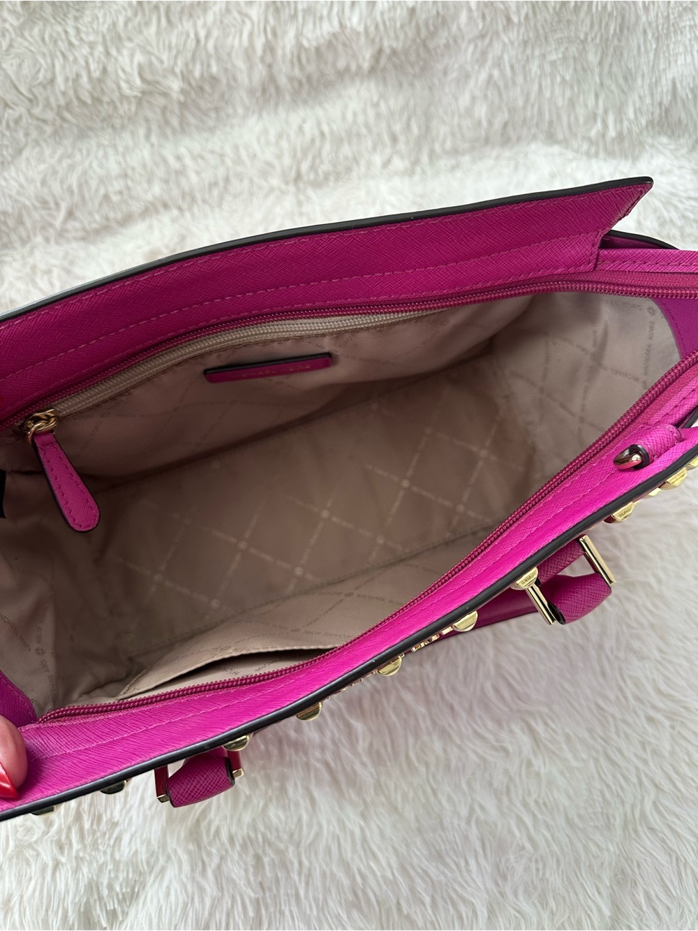 Michael Kors Magenta Studded Saffiano Leather Satchel - Picture 3 of 8